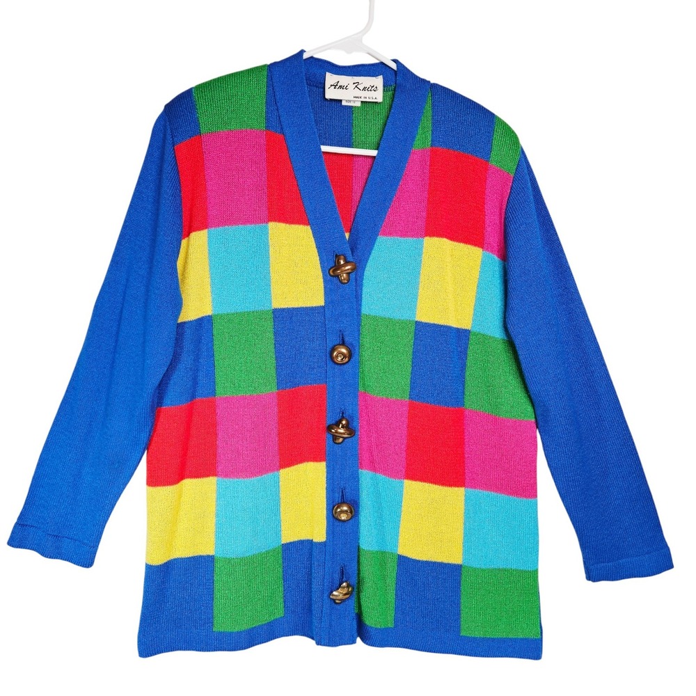 Women's Vtg Patchwork Colorblock Cardigan Sweater‎ Size 12 Rainbow Retro Teacher